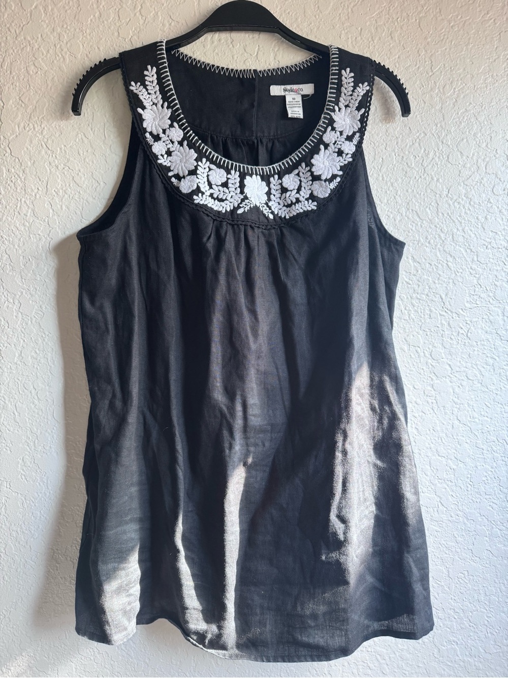 Style & Co. Black 100% Linen Sleeveless Embroidered Tunic Blouse sz 10